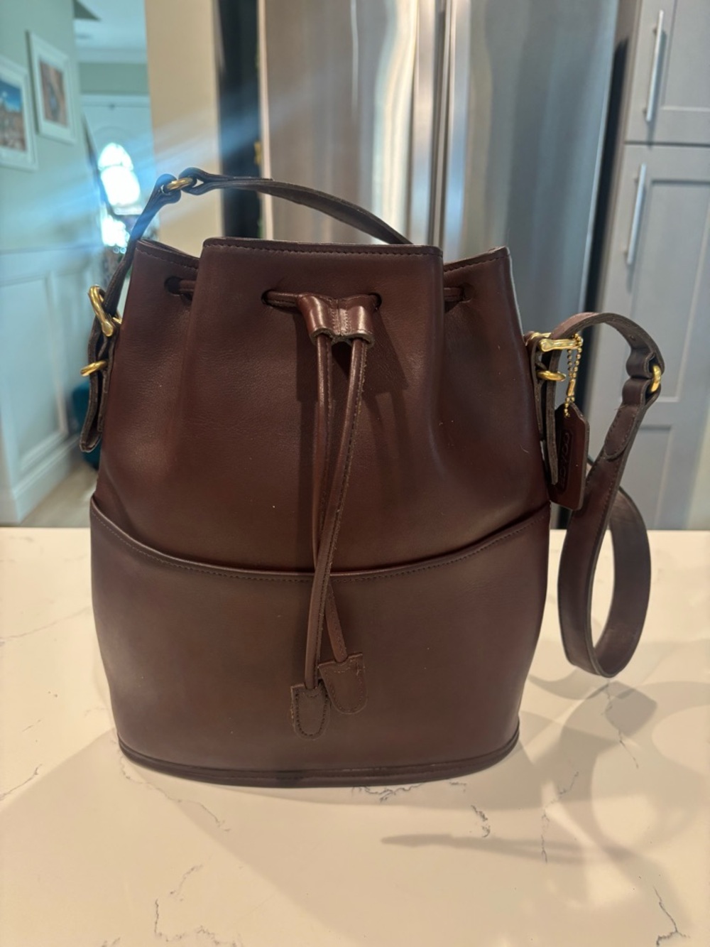 Coach Brown Leather Drawstring Bucket Bag with Gold Hardware